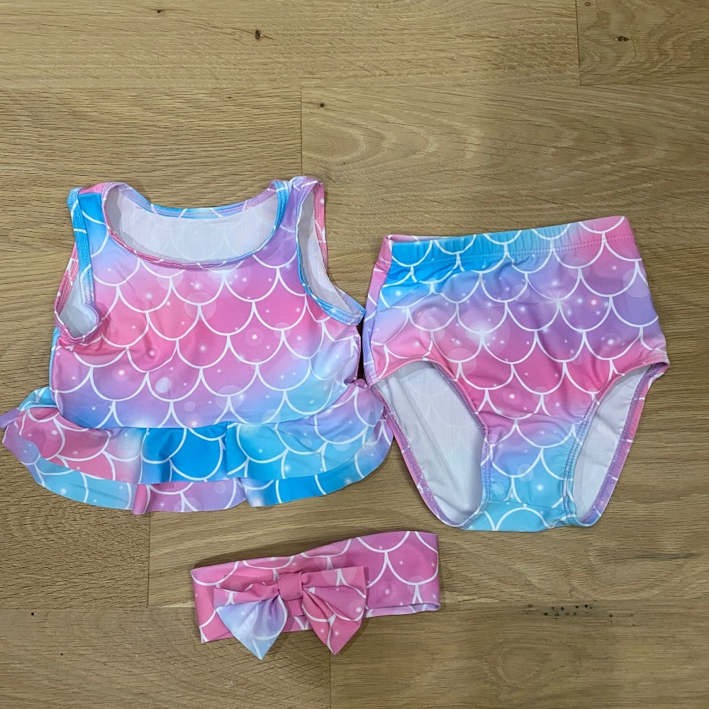 Girls' Pink Blue Mermaid Print Two-Piece Swim Set with Headband
